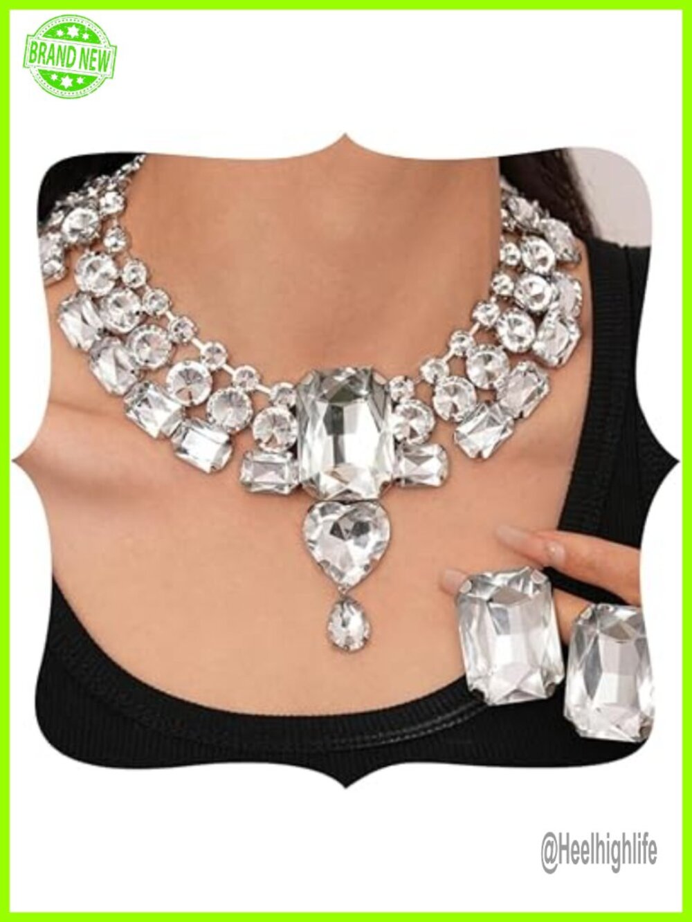 Large Rhinestone Choker Necklace Earrings Set Heart Dangle Pendant Crystal